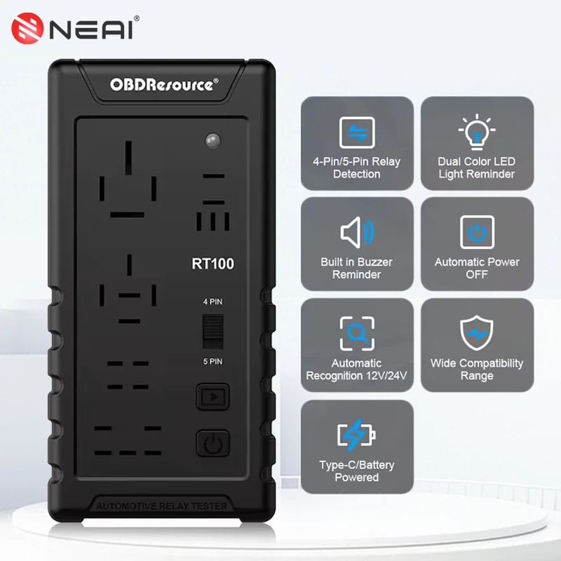 

12V 24V Automotive Relay Tester RT100 Compact Cordless Super 4Pin 5Pin Car Battery Checker Voltage Recognition Diagnostic Tool
