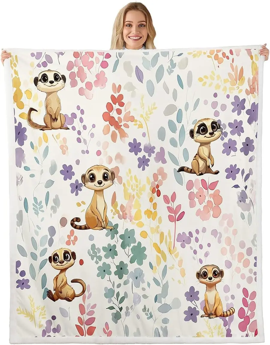 Cartoon Meerkat Watercolor Multicolor Wild Floral Foliage Print Flannel Throw Blanket Soft Warm Cover Infant Girl Bedroom Decor