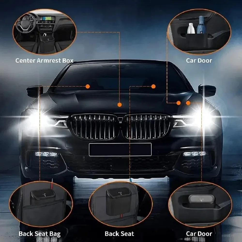 Cubo de basura Universal para coche, caja de almacenamiento de cubo de basura colgante, organizador de caja de polvo de presión cuadrada ABS negro, 6 uds.