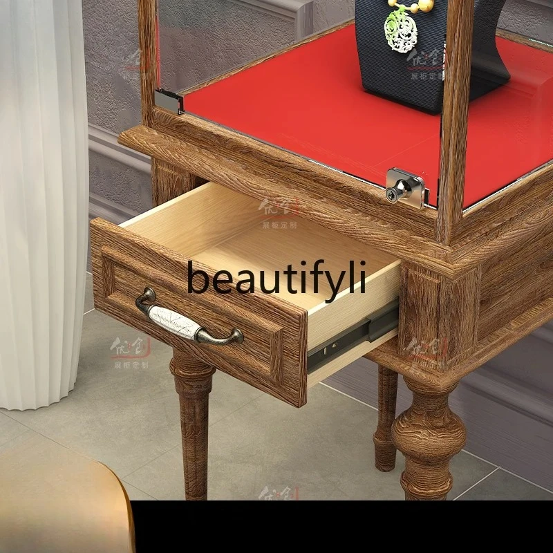 خمر الخشب الصلب الرجعية خزانة عرض المجوهرات اليشم الزجاج خزانة عرض المنتج #5