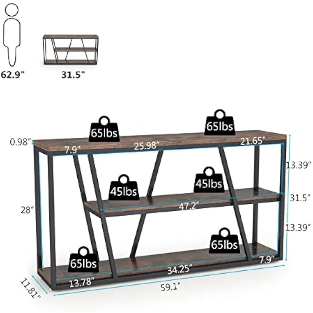 Console Table, Industrial Sofa Table with Shelves, 3-Tier Entryway Table with Storage for Entryway, Living Room, Rustic Brown