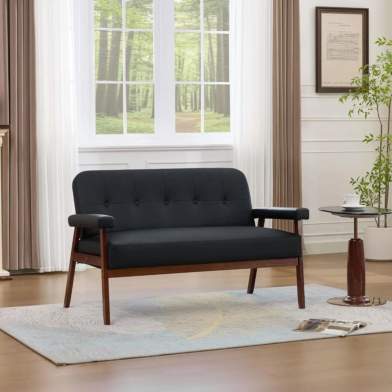 أريكة جلدية بمقعد الحب، أريكة بمقعدين صغير حديث لمنتصف القرن مع أذرع خشبية، أريكة بمقعدين للمساحات الصغيرة، Livi #4