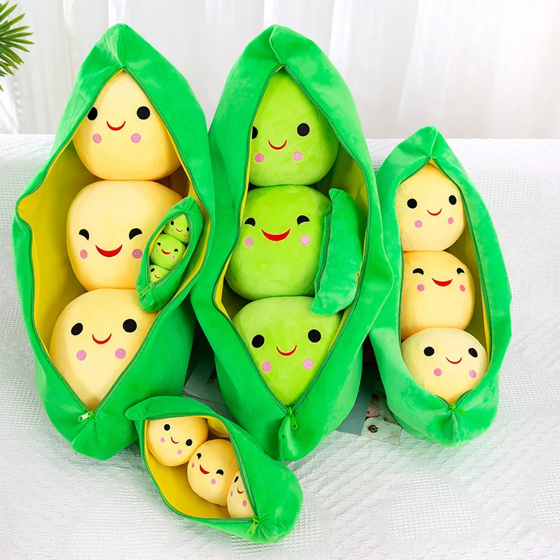 New 25Cm Cute Plush Pea Pod Pea Shape Plush Plant Kawaii 3 Beans with Cloth Box Creative Plush Toy 2 Color Pillows Children gift