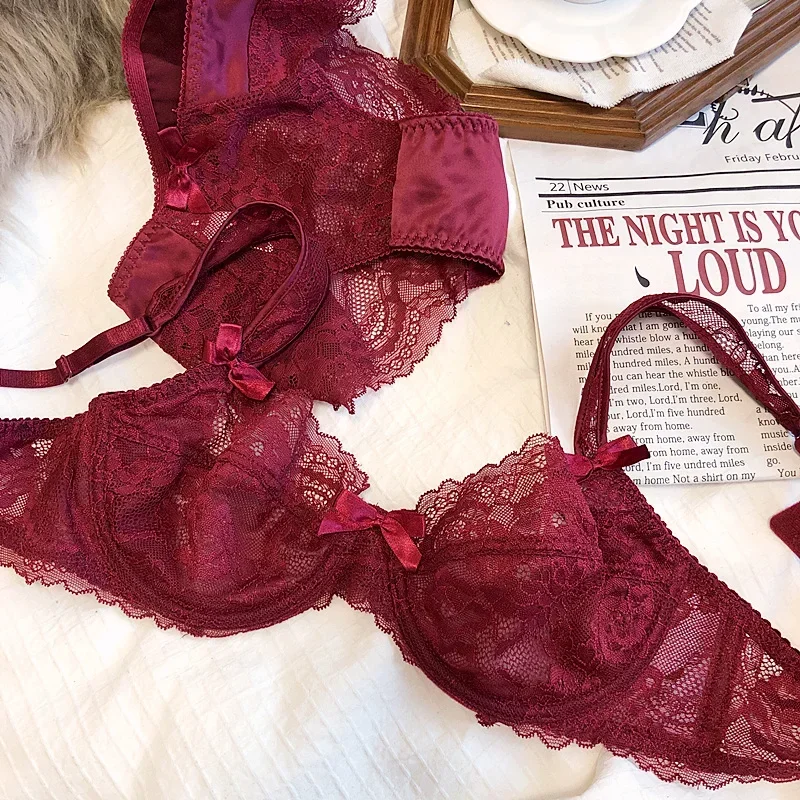 MOYISU French Romantic Ultra-thin Lace Sexy Transparent Gathering Big Breasts Show Small Underwire Bra Cover Underwear Set Women