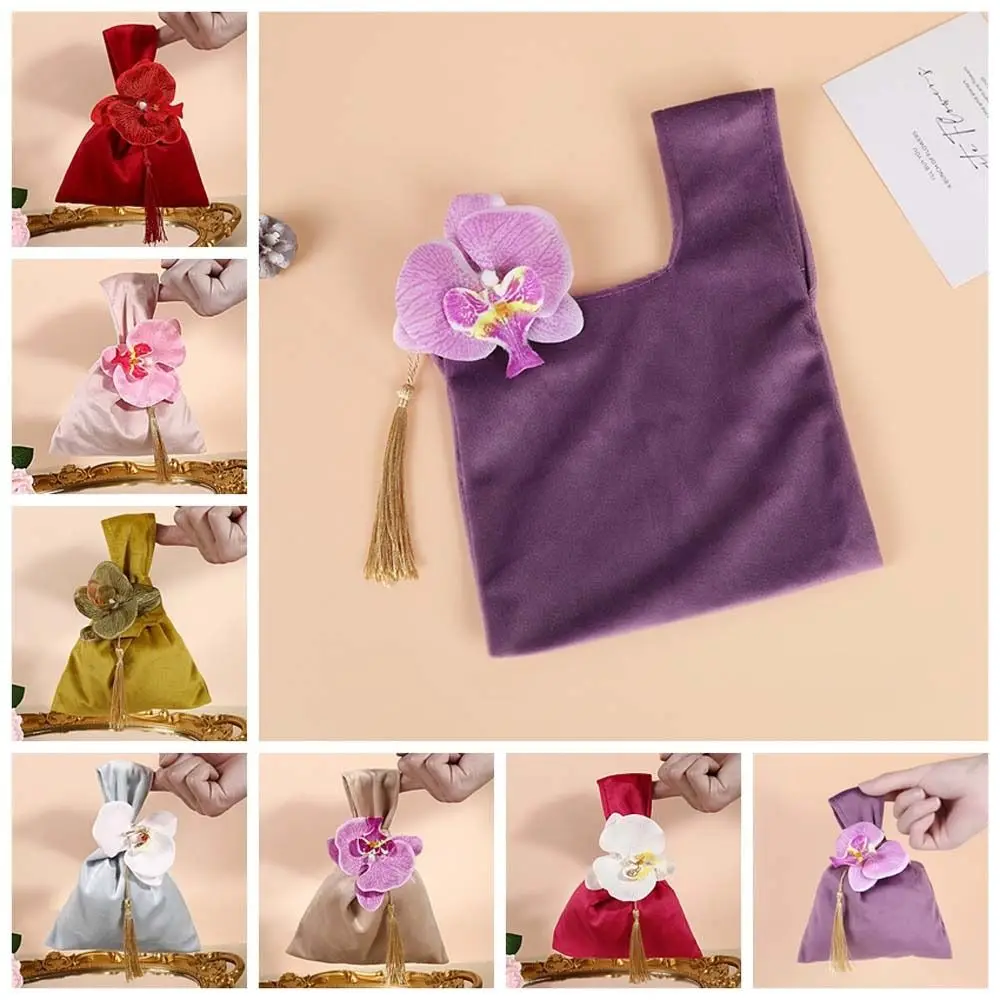 

Sweet Tassel Velvet Knot Handbag Tope Handle Vest Shape Flower Wrist Bag Storage Bag Large Capacity Festive Sugar Bag Wedding