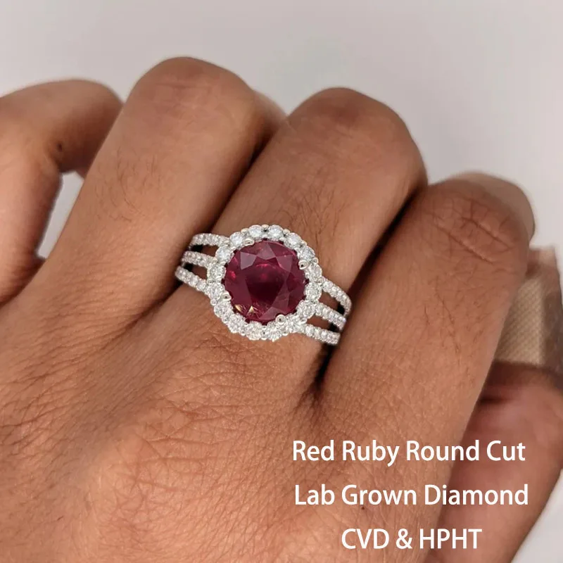 

8MM 2CT Round Cut lab Ruby VS VVS Clarity Ring Divided Into Three Arm Rings Gorgeous Ruby Ring In 14K Gold