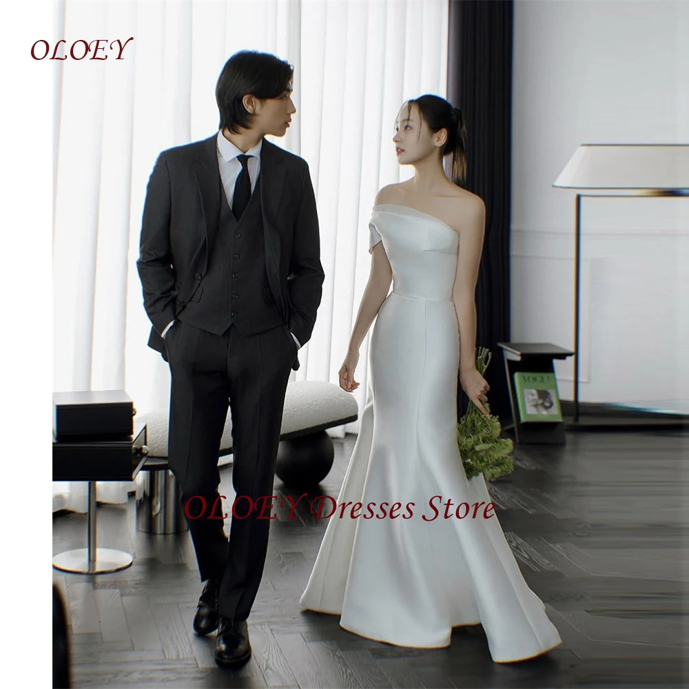 

OLOEY One Shoulder Elegant Mermaid Wedding Dresses Photo shoot Korea Thich Satin Bride Gowns Corset Back Customized Princesss