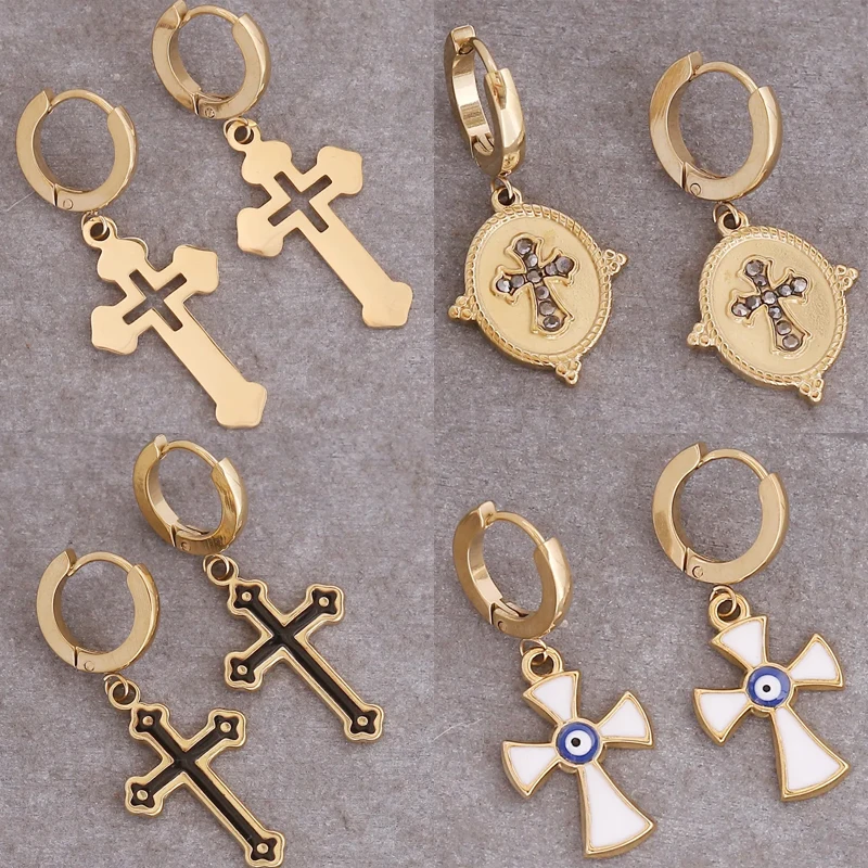 

Religious Cross Drop Earring Gold Plated Stainless Steel Evil Eyes Hoop Earrings Gothic Huggie Earrings Jewelry For Women Men
