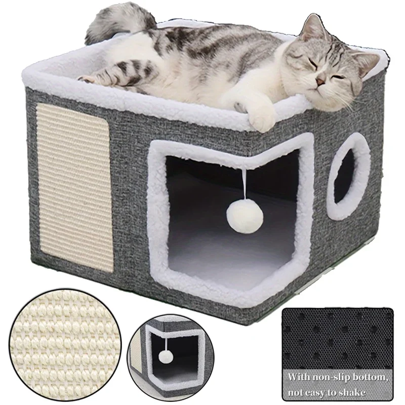 Cave Cat Nest Pet Double Layered Luxury Cat Nest, Foldable Sisal Cats Villa, Large Closed Cats House-Universal for All Seasons