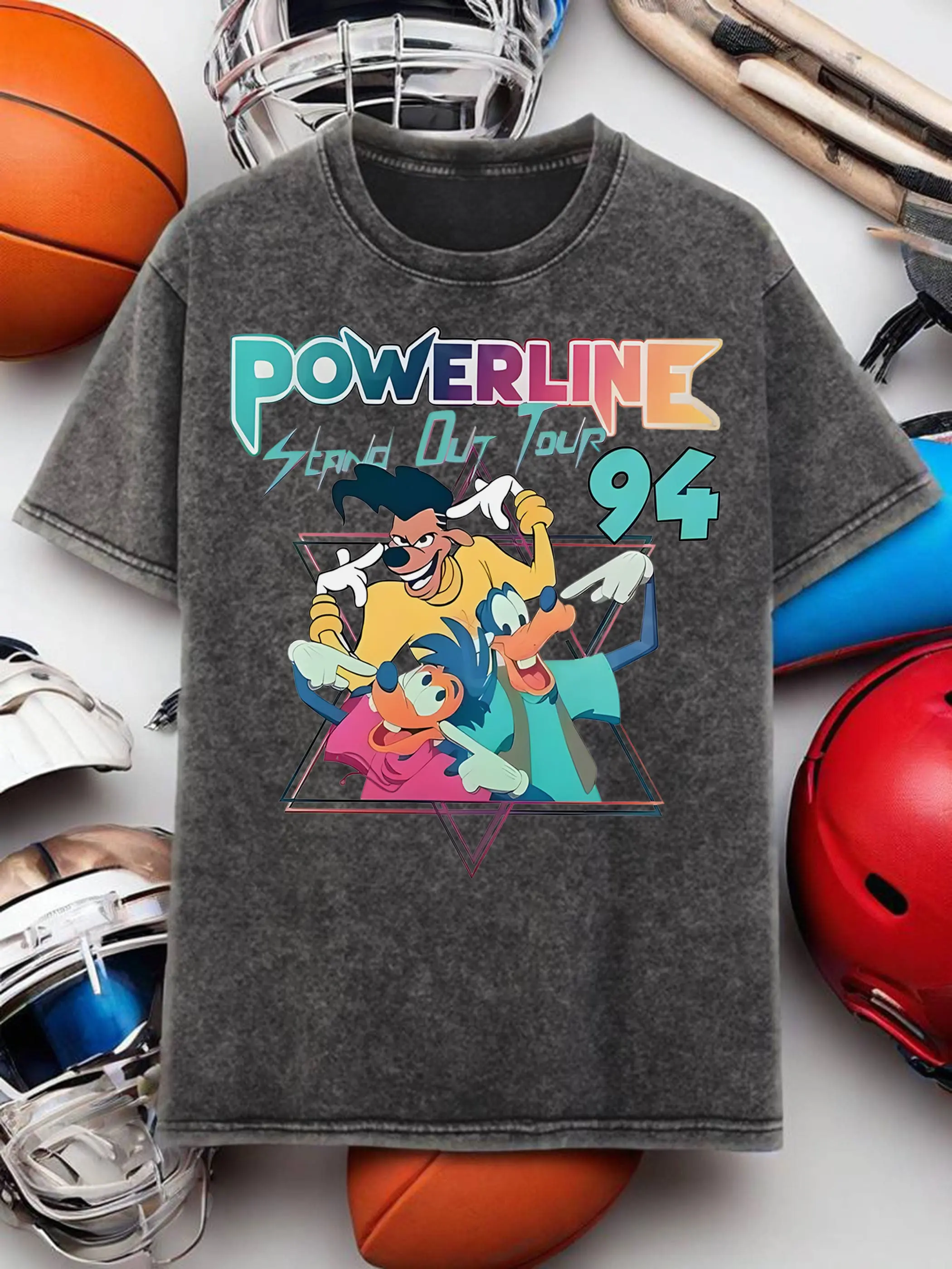 

Disney "Power Line" 94 Tour themed graphic print unisex men's vintage washed cotton short-sleeved T-shirt for all seasons