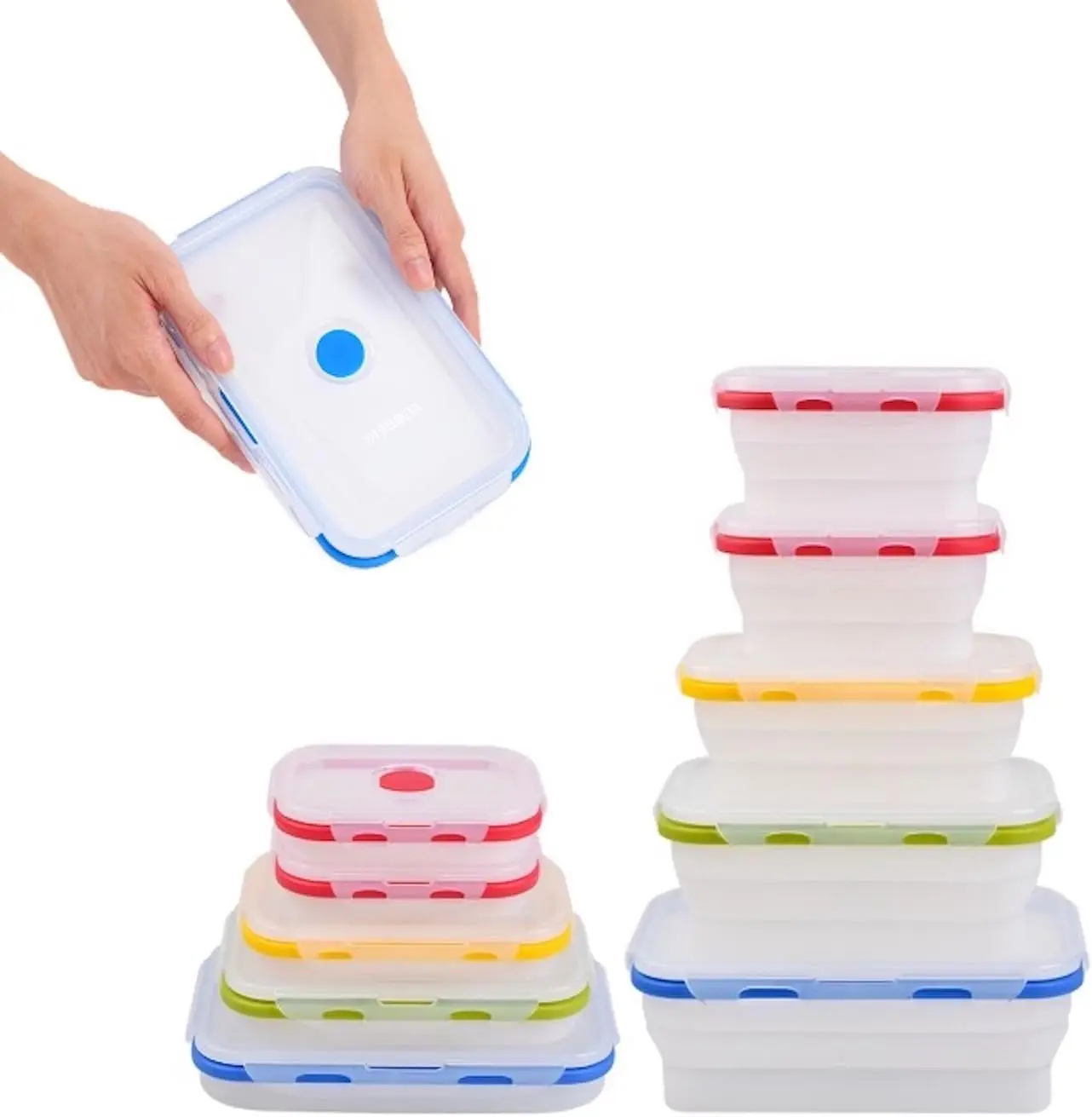 Collapsible Silicone Food Storage Containers Set of 5, BPA-Free Food-Grade Silicone, Airtight Snap Lids, Microwave, Freezer &