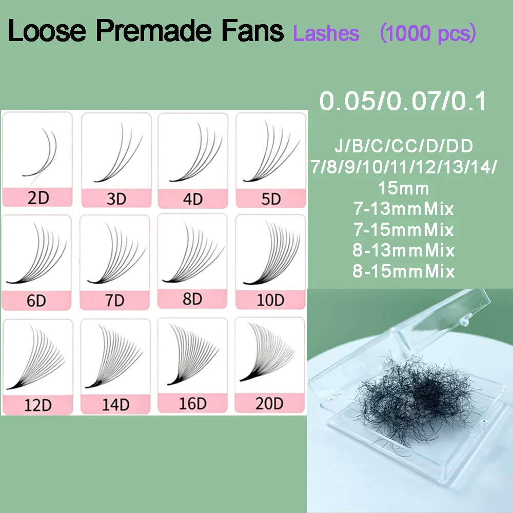 XIMAYSH 1000 pcs Loose Premium Quality pre-made fans eyelashes in 2D/3D/4D/5D/6D/8D/10D
