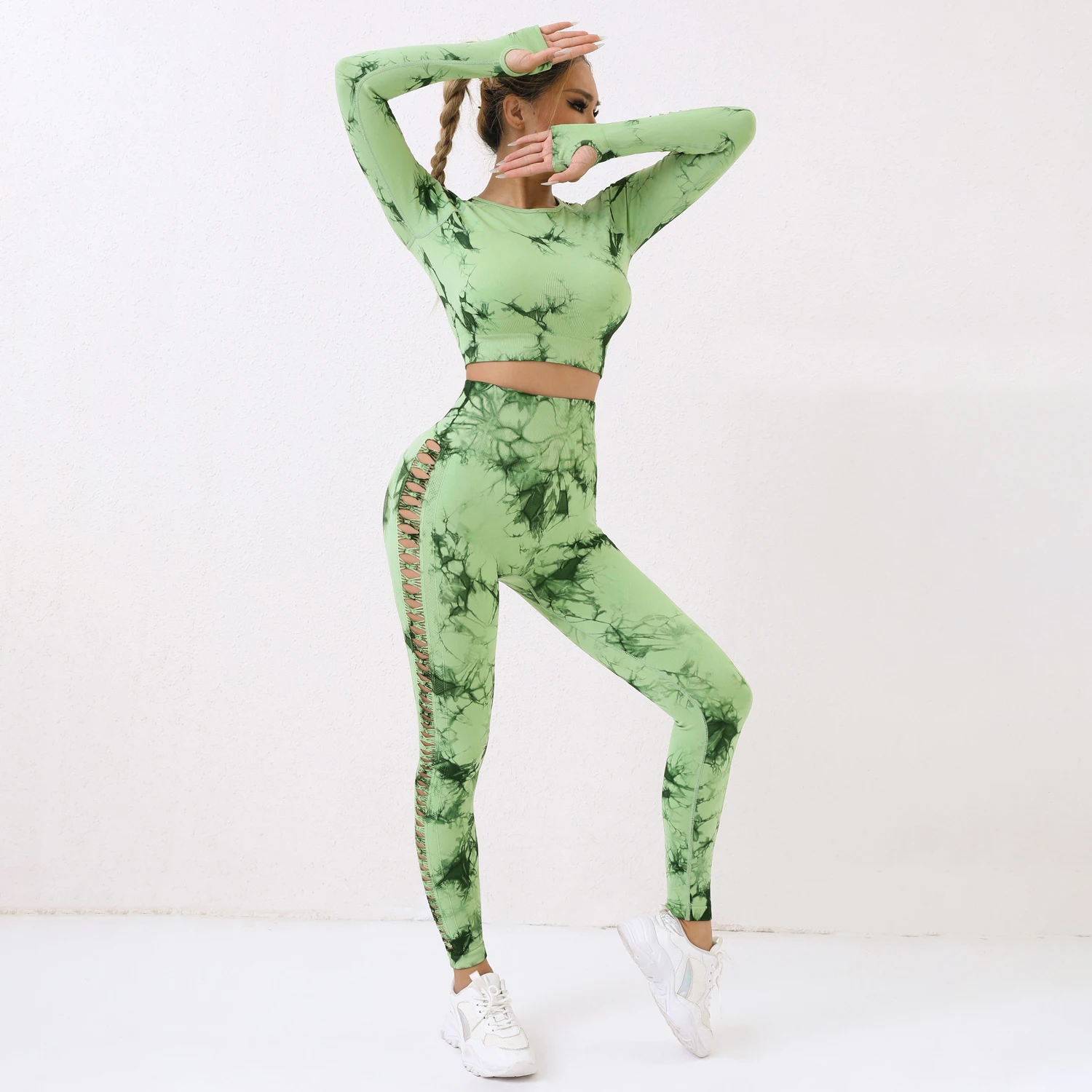 CHRLEISURE 2PCS Seamless Yoga Set Women Tie Dye Sports Suit Hollow Fitness Top  with Workout Leggings Slim Athletic Outfit