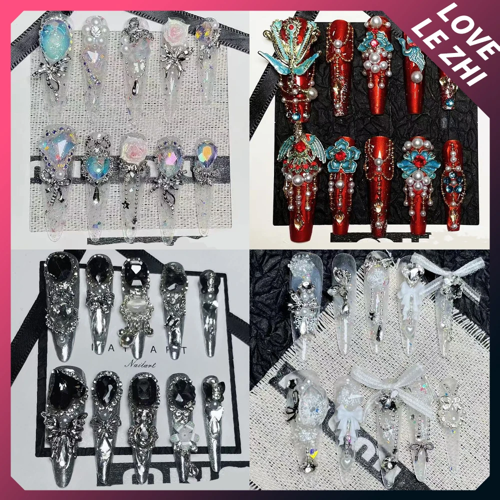 

High Quality Light Luxury Handmade Long Coffin Stilettos Press On Nail Flower Pearl Diamond Bowknot Butterfly Nail Party Sticker