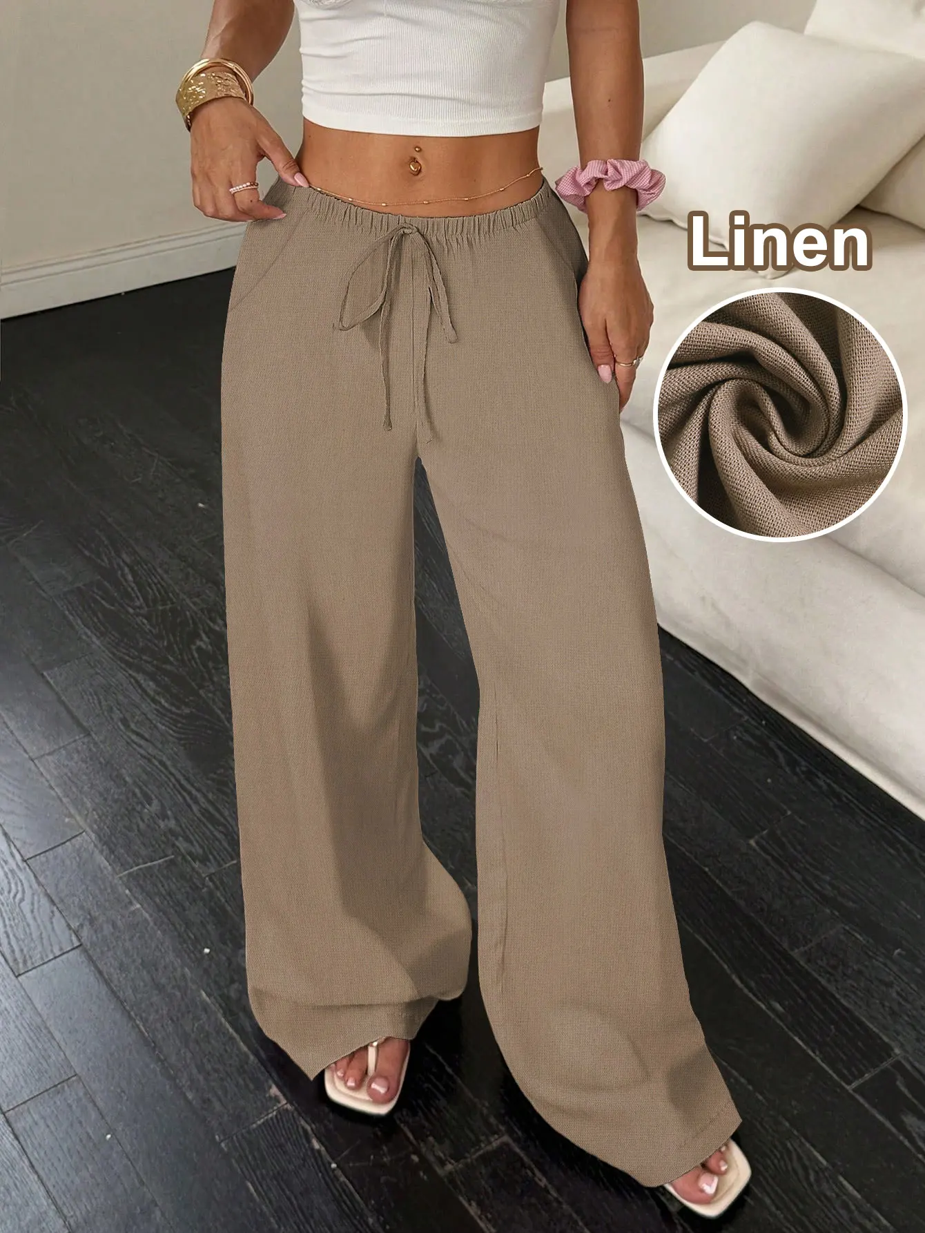 Women's Linen Wide Leg Pants, Casual Mid Waist Long Trousers, Comfortable Summer Fashion, One Piece Ladies Clothing