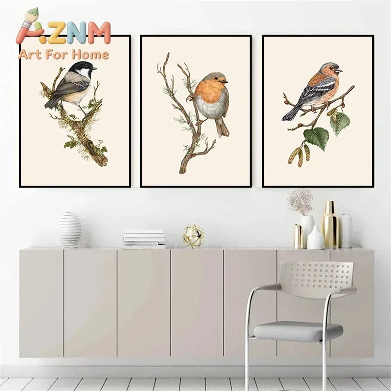 Retro Birds Watercolor Canvas Print Poster Nordic Minimalism Birds Branches Art Prints Bedroom Autumn Wall Art Home Decor Poster