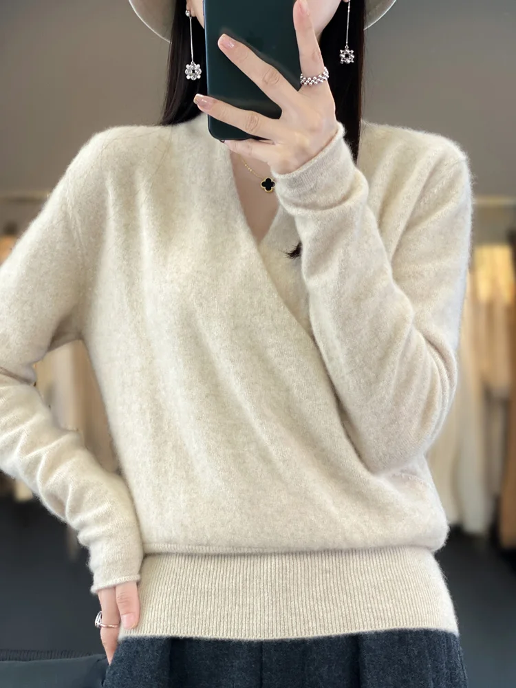 New Spring Summer 100% Pure Wool Sweater For Women V-neck Long Sleeved Criss-Cross Solid Color Pullover Higt-Quality Clothing