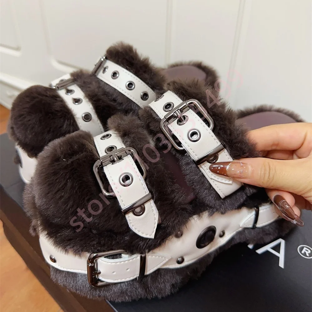 

Тапочки с меховой пряжкой на толстой подошве и круглым носком, новинка 2025, уличные повседневные модные туфли-лодочки, уличные плюшевые тапочки кофейного цвета