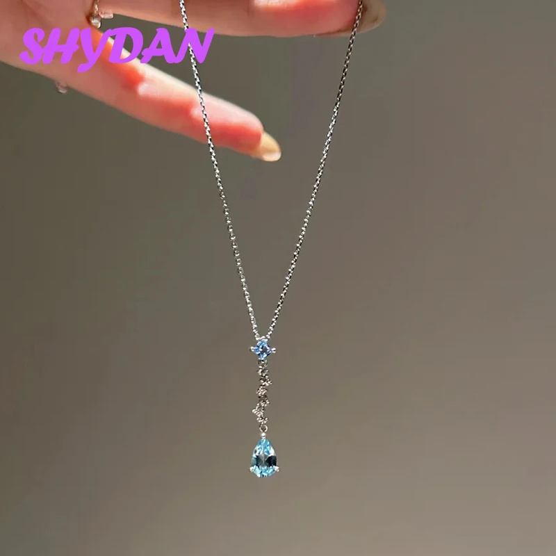 SHYDAN 925 Sterling Silver Mermaid Blue Tears Aquamarine Long Necklace Chains For Women Girls Fashion Jewelry view 3