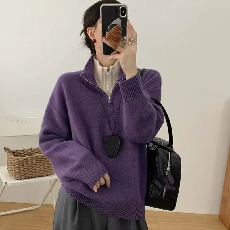 

Поддельный двухсекционный свитер с лацканами и полумолнией, женский удобный свитер на осень и зиму в корейском стиле, универсальный свитер