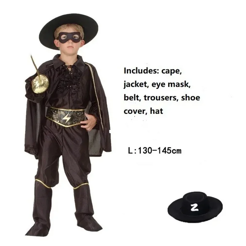 Disfraz de Zorro para hombre y mujer, ropa de espadachín de héroe negro, capa, chaqueta, máscara de ojos, cinturón, pantalones, sombrero, vestido de fiesta para niños