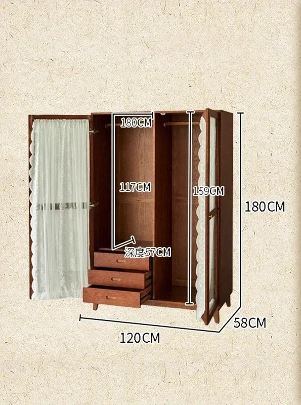 A  French solid wood wardrobe retro bedroom home hanging clothes large capacity wardrobe double door gauze curtain glass cabinet