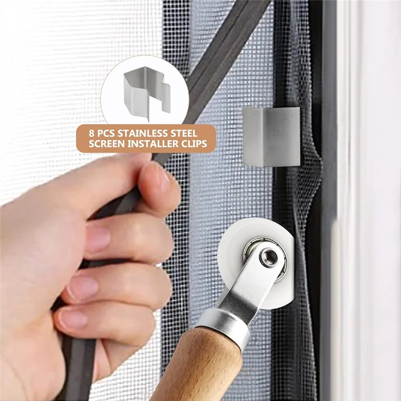 A53Q-11 Pcs Screen Repair Kit, Screen Roller Tool With Bearing, 65FT Screen Spline 8Pcs Screen Clips And Spline Removal Hook