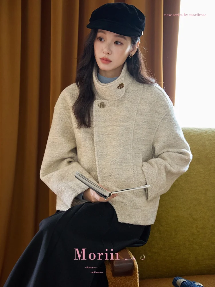 

Moriirose Wheat Color Woolen Coat Women's Winter Loose Personali Commuting Tweed Top Stand Collar Asymmetrical Button