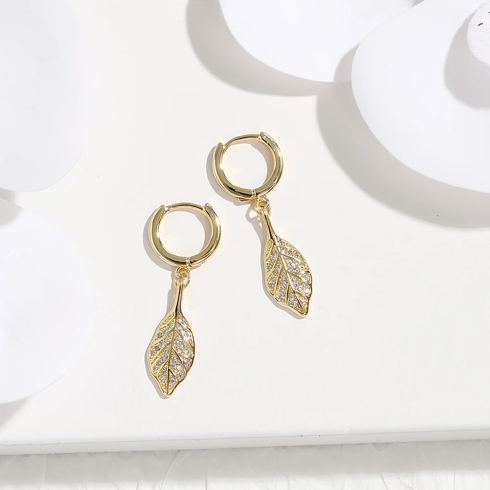 BenS Brass cubic zirconia leaf small hoop earrings high quality women drop earrings gold plated dangle earrings wholesale E31