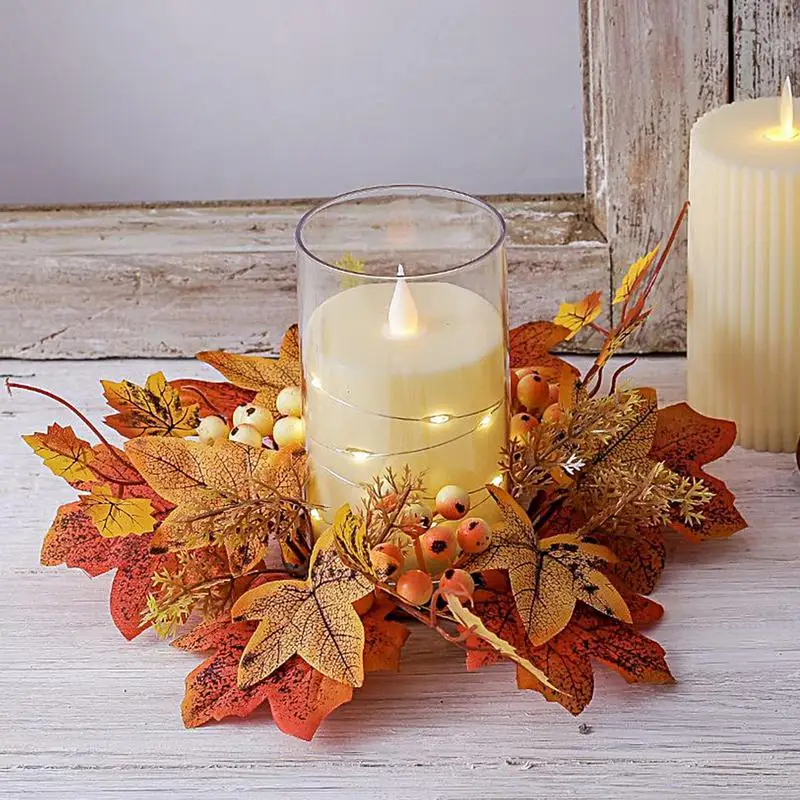 Fall Candle Ring for Pillar Artificial Candle Garland Decor Mini Autumn Wreath Rustic Fall Candle Holders for Bar Home Party