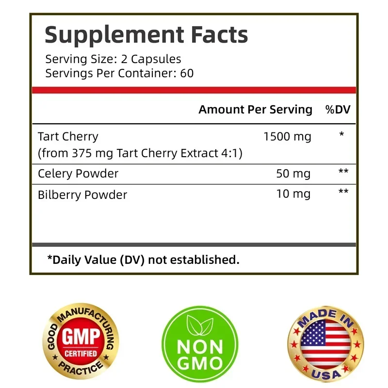 Tart Cherry Capsules - Helps with Uric Acid Balance, Maintain Joint and Muscle Health, Improve Sleep - with Bilberry Fruit