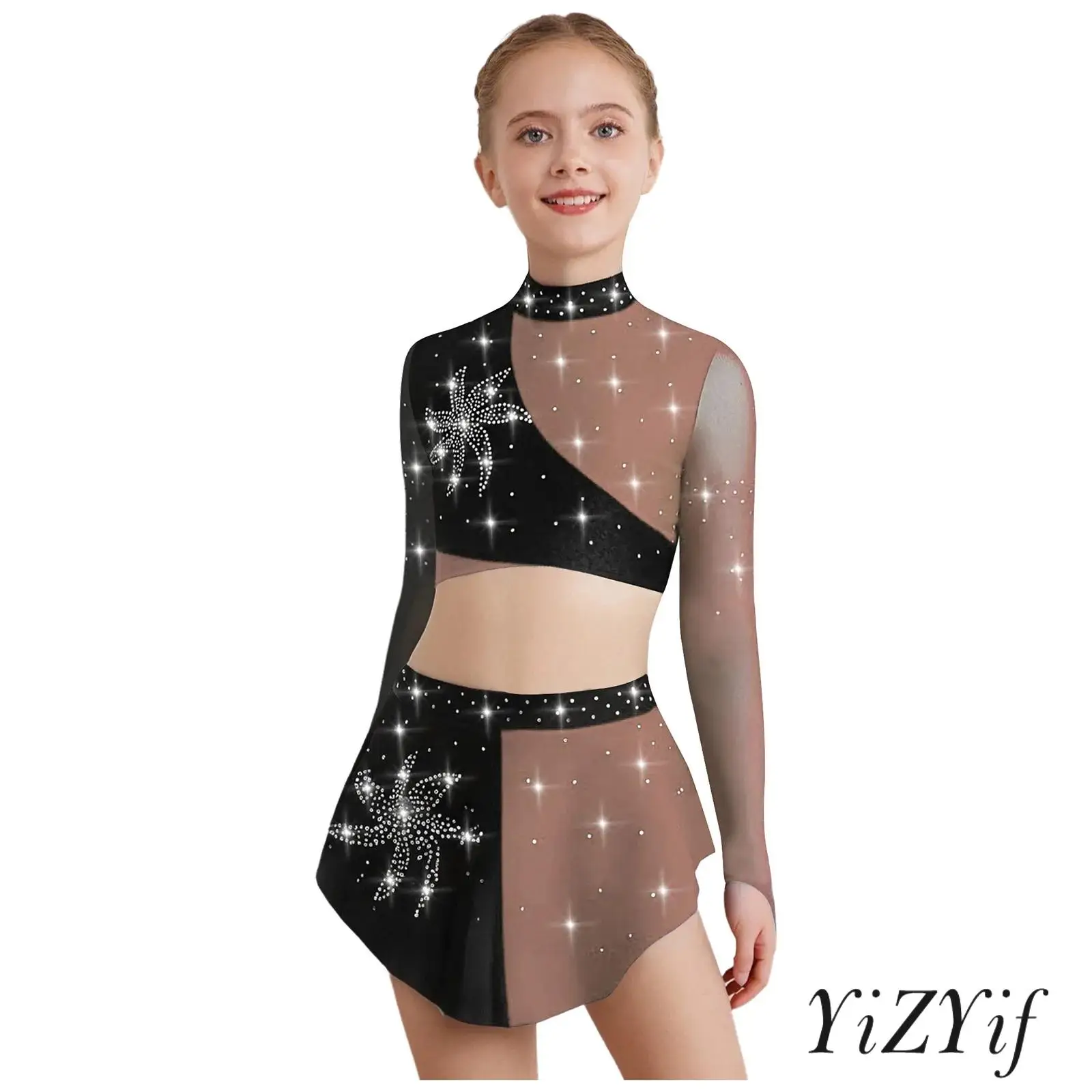 

Kids Girls Figure Skating Dance Costume Sheer Mesh Long Sleeves Lyrical Dance Crop Top with Skirt for Ballet Jazz Dance Show