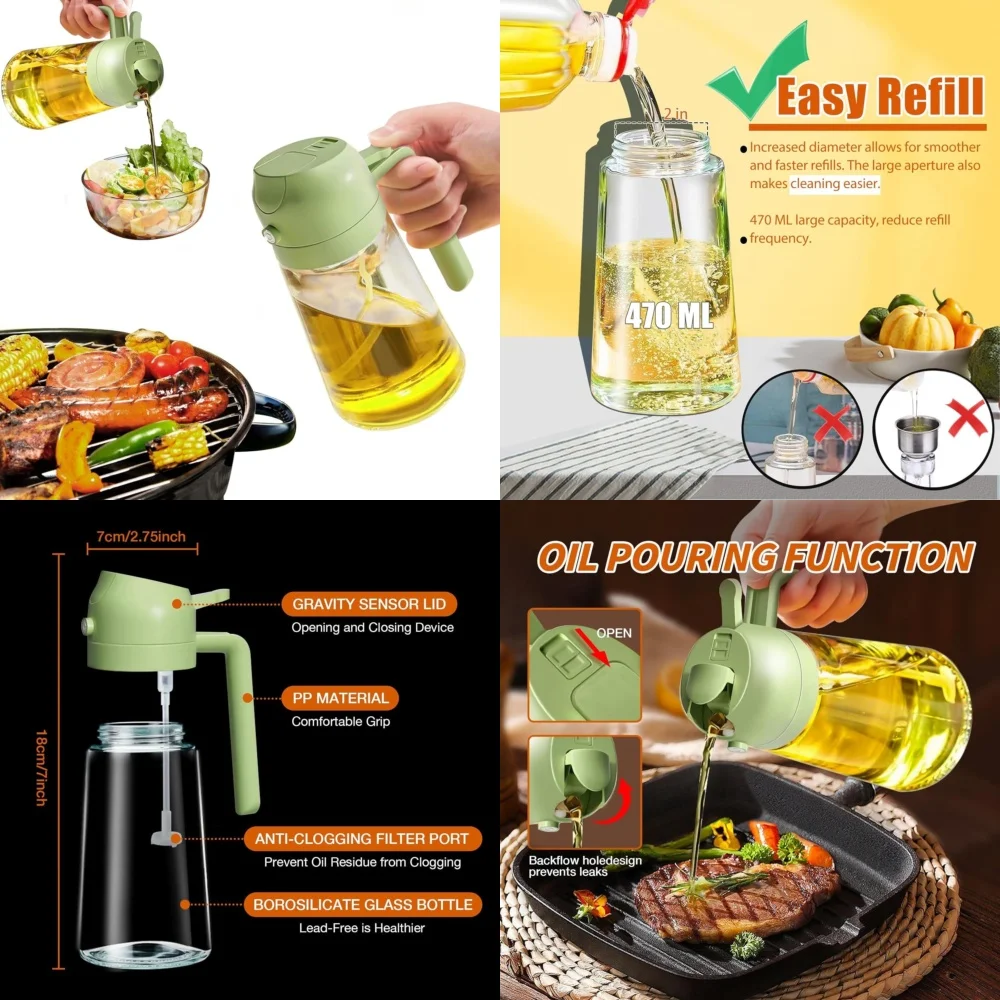 Botellas de aceite Pulverizador de aceite para cocinar Cocina Dispensador de aceite de oliva con spray y vertido 2 en 1 con niebla fina Aceite de cocina de acero inoxidable