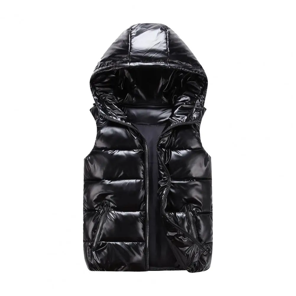 Men Hooded Puffer Vest Men's Cotton Hooded Sleeveless Quilted Vest with Zipper Placket Pockets Autumn Winter Solid Color Glossy