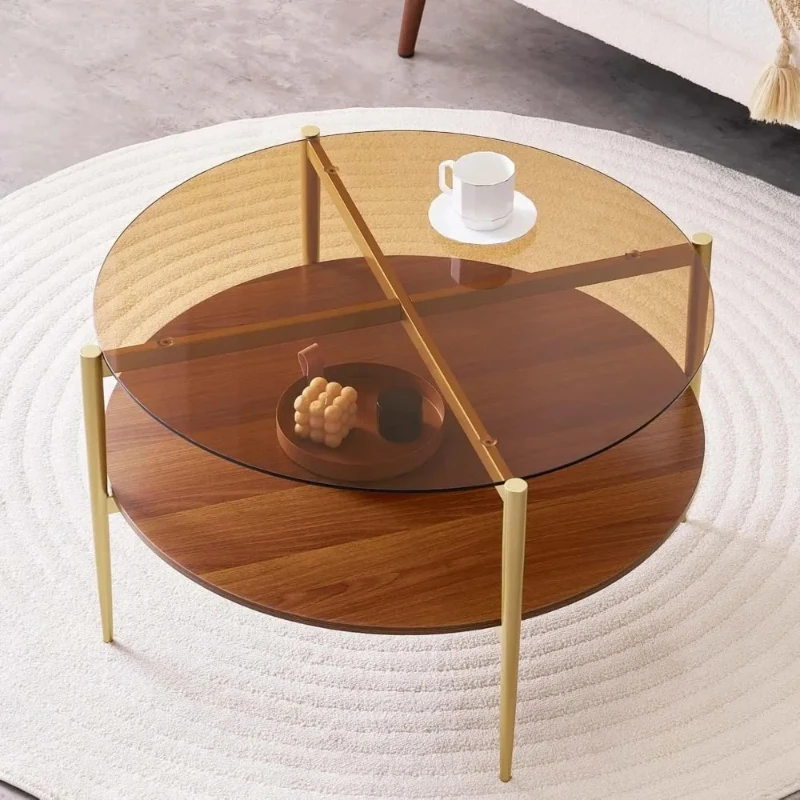 Mid-Century Modern Round Coffee Table, 30 Diameter x 17 Height, Living Room Furniture, Two-Level Design, Amber Glass with Walnut