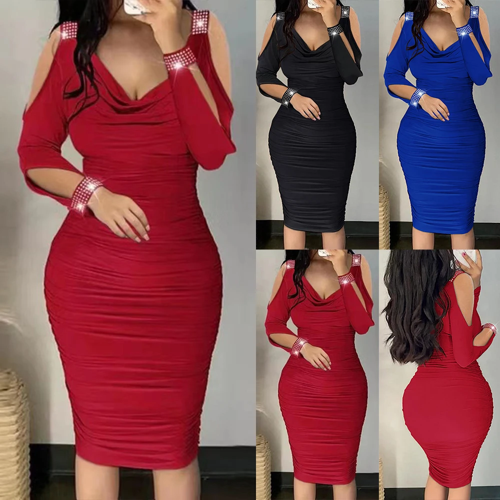 PYL HOT Womens Bodycon Midi Dresses For Women Party Gown Sexy Ladies Solid Swing Collar Cold Shoulder Dress Cocktail