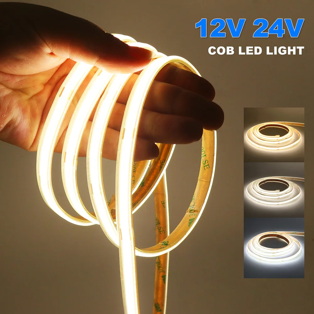 Tira de luces LED COB resistente al agua IP67, 12V, 24V, 3000K, 4000K, 6000K, cinta Led Flexible de 5m, 10m, 20m, 0,5m, 1m, 2m, 480LEDs/m, iluminación lineal