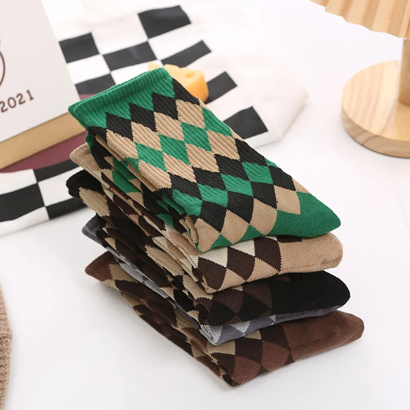 Harajuku Vintage Socks Japanese College Style Retro Diamond Pattern Argyle Knitting Kawaii Sock Calcetines Mujer For Girl Meias