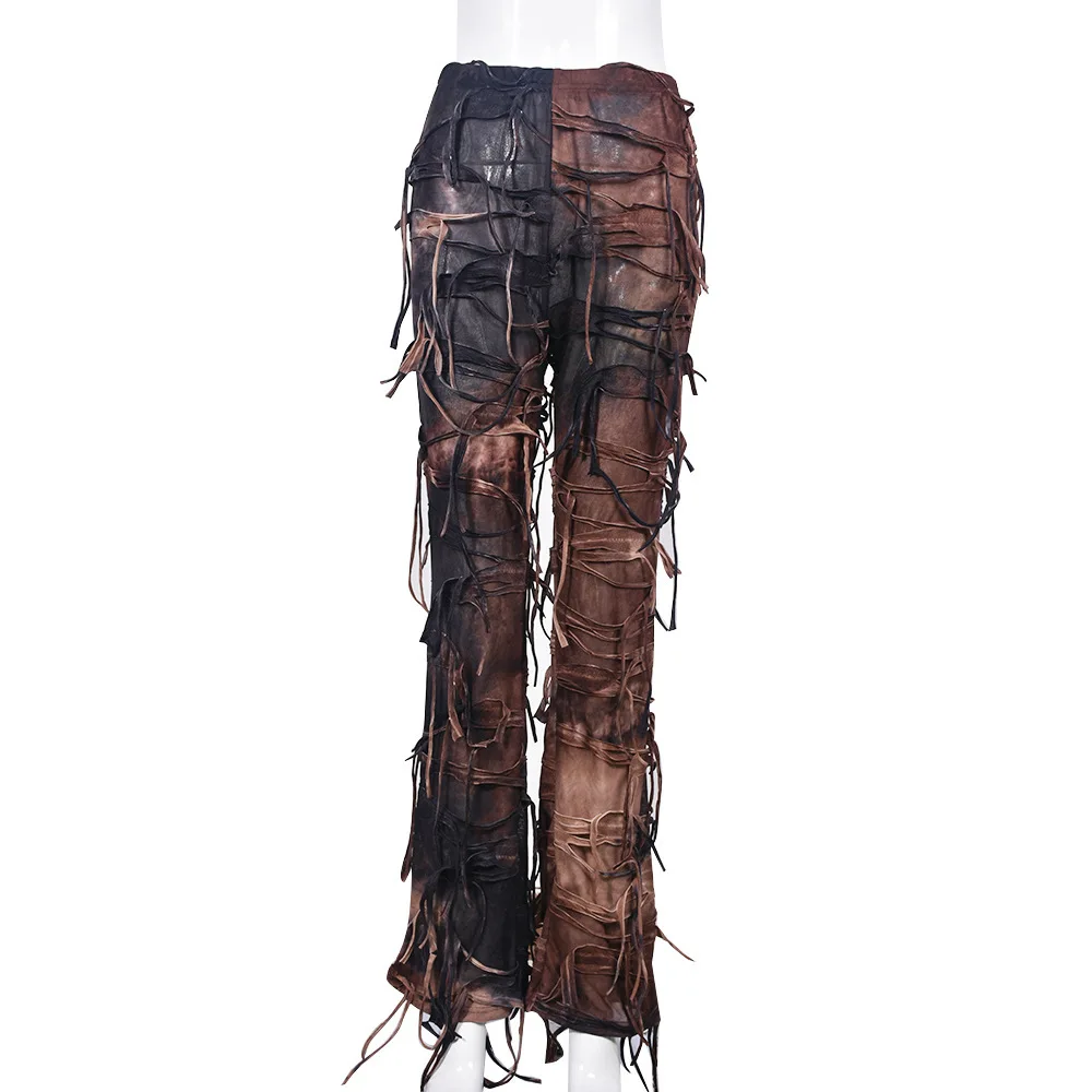 Rock And Roll Gothic Style, Dark Black, Worn-out, Burnt Out, Tie Dyed, Tattered, Slim Fitting Pants Halloween