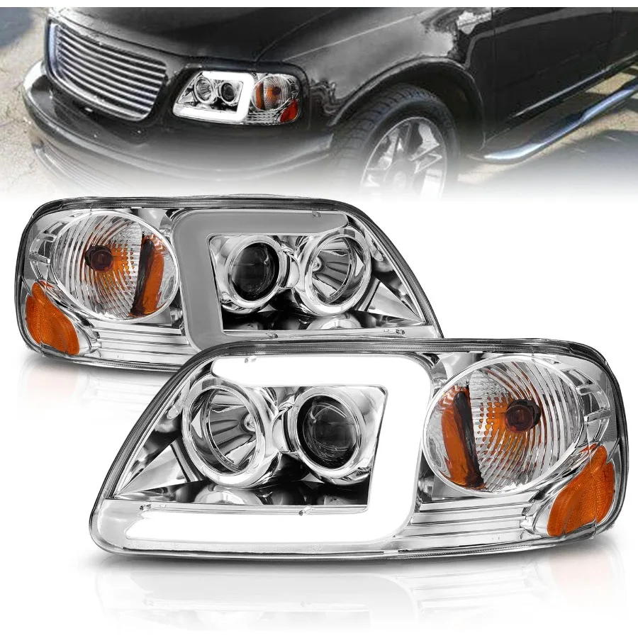 For 19972003  F150 Expedition Pickup Truck Chrome CType LED Tube Projector Replacement Headlights Set with Enhanced Visibility