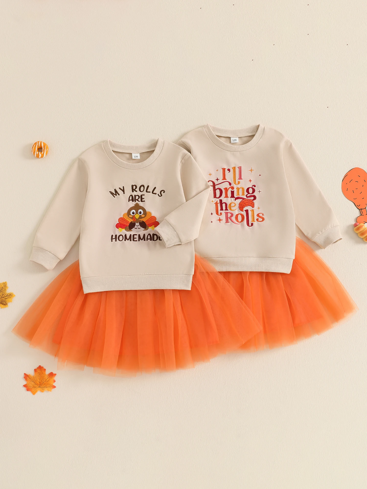 

Kid Clothes Girl Thanksgiving Outfit Letter Embroidery Long Sleeve Sweatshirt with Orange Tulle Skirt 2 Pcs Set