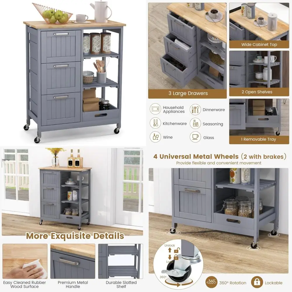 

Тележка на колесиках для кухонного острова с деревянной столешницей, ящиками для хранения, съемным подносом для универсального использования