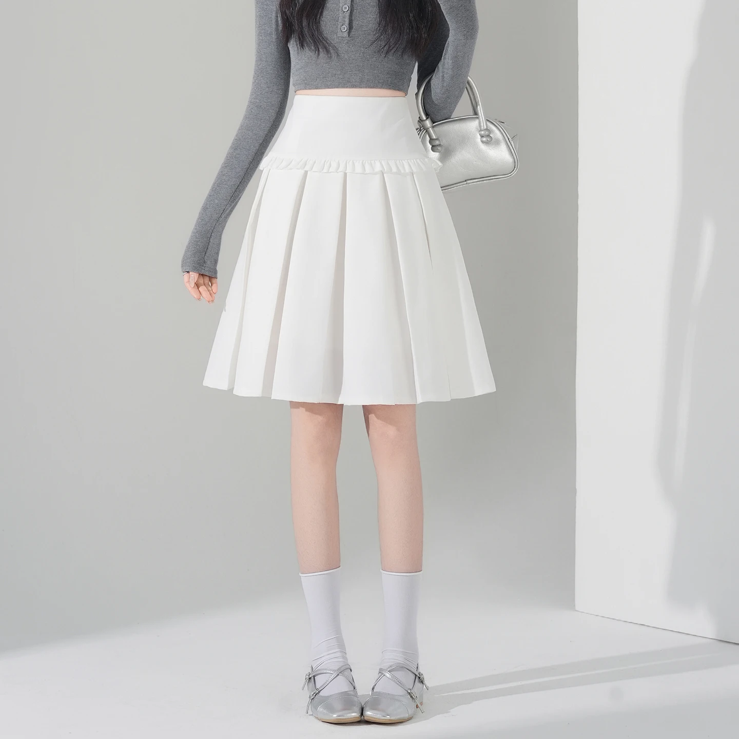 

Женская серая юбка-костюмная, новая коллекция Весна-Лето-Осень 2026, с волнистым краем, с высокой талией, тонкая, плиссированная, А-силуэт