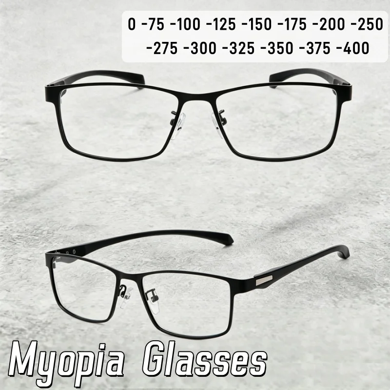 Klassische Business-Brille für Herren mit quadratischem Metallrahmen, modisch schlichte Anti-Blaulicht-Brille, 0 -75 -125 -4,0