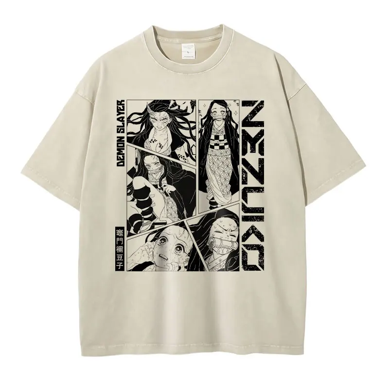 Demon Slayer Nezuko T Shirt Vintage Washed Tomioka Zenitsu Muchiro T-shirts Manga Short Sleeve Anime Kimetsu no Yaiba Tops Tees