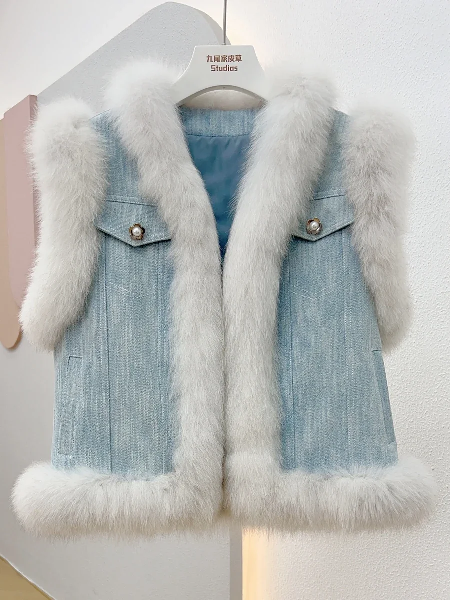 Short Denim Splicing Vest Real Fox Fur Coat Female Young 2023 Autumn Winter New Fur Fluffy Thick Warm Sleeveless Women's Clothes