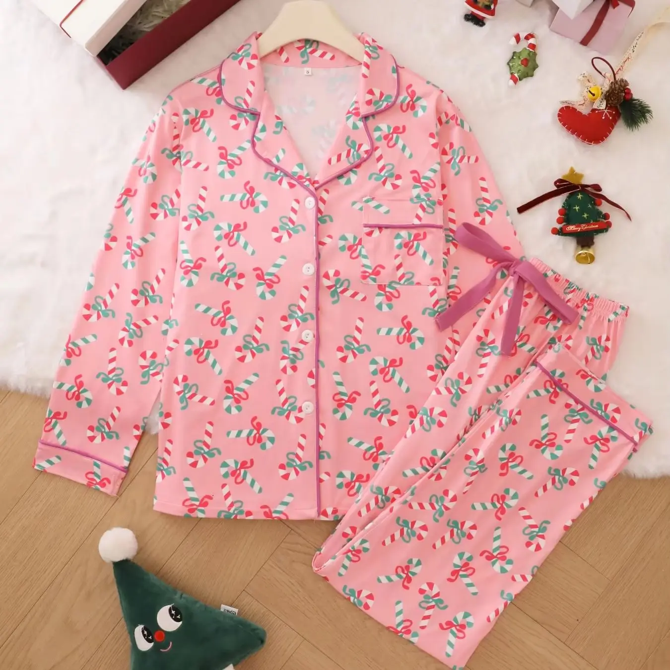 

Women's Christmas Printed Pajama Set - Open Front Collar Long Sleeve Pants, Cozy Fleece Loungewear for European Americ
