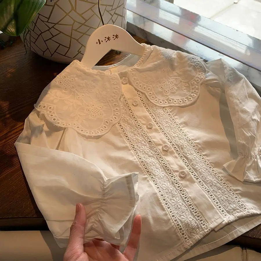 

Girls Sweetheart Shirts 2025 New Korean Fashionable Autumn Spring Lace Embroidery Turn-down Collar Long Sleeve Princess Top