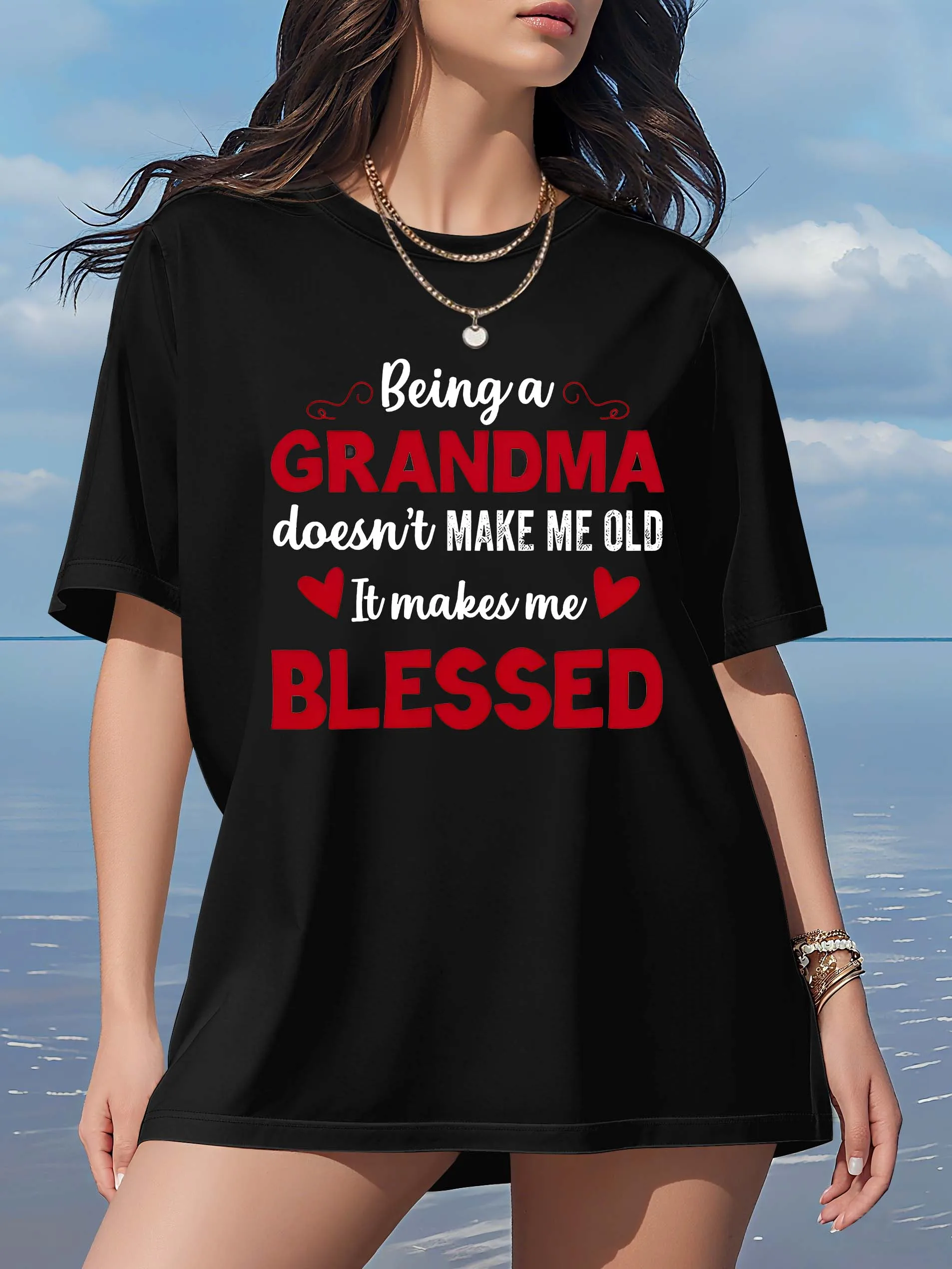 Plus Size Women's White Short Sleeve Tunic, "Being a Grandma..." Inspirational Quote Print, Casual Oversized Top for Daily Wear