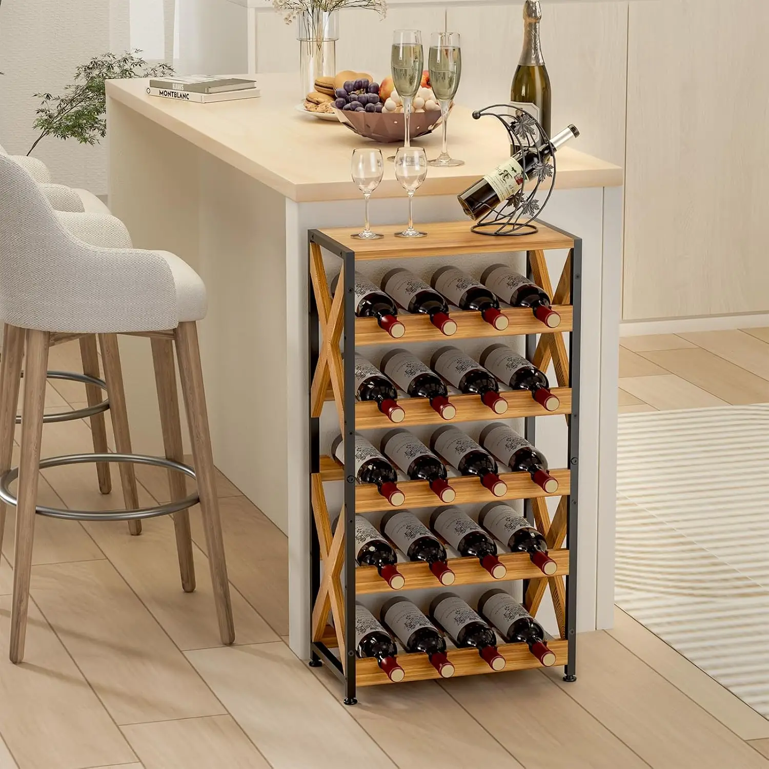 

20 Bottle Wine Rack Freestanding Floor with Wood Top,Wobble-Free 5 Tier Wine Display Storage Stand Shelf,Stackable Modular